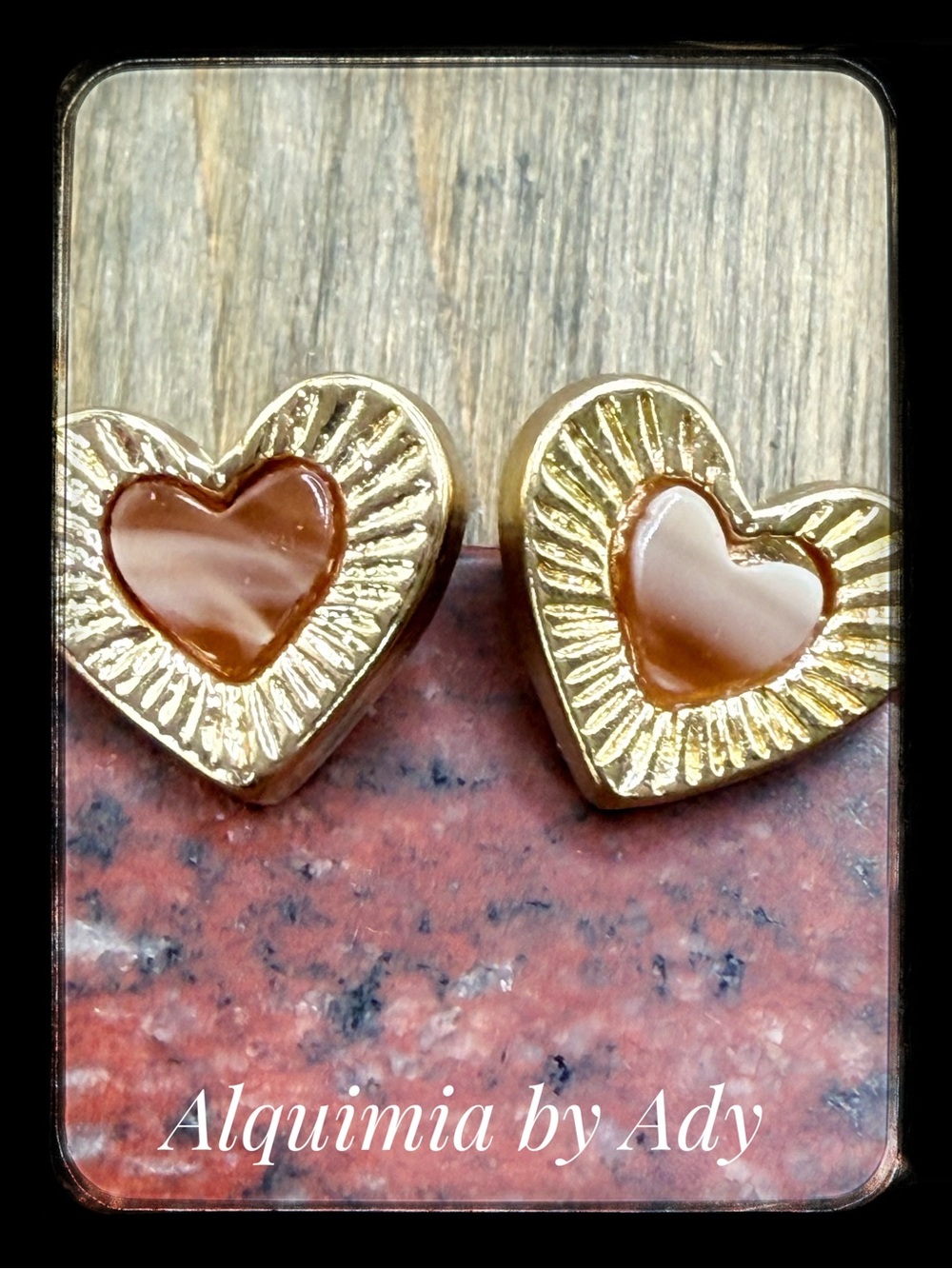 Big Gold Tone Heart Stud Earrings with Brown carnelian Center